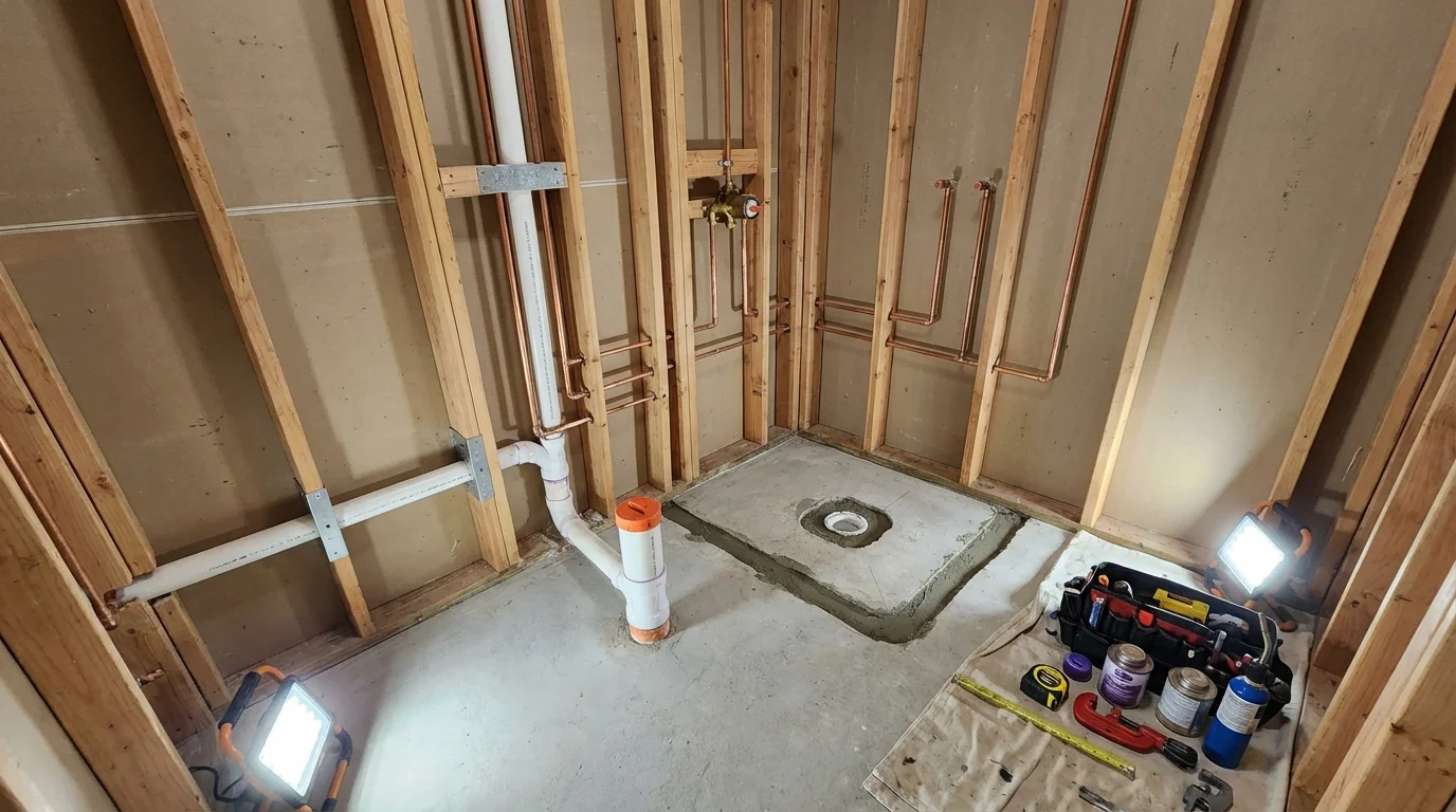 Bathroom rough-in plumbing during remodel by Johns Plumbing LLC in Tatamy