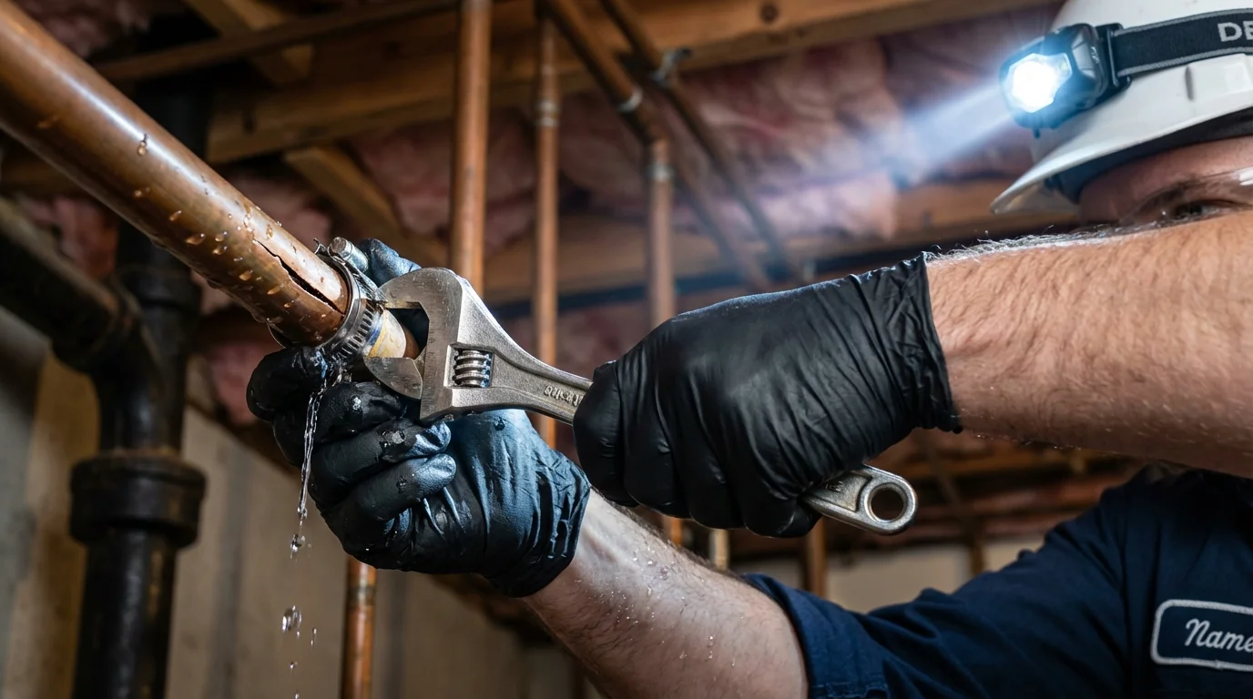 Emergency pipe clamp repair being performed by a Johns Plumbing LLC plumber in Tatamy