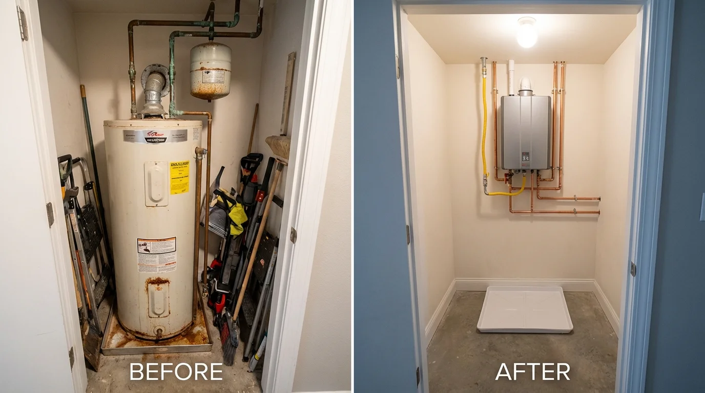 Tank water heater versus wall-mounted tankless unit comparison for Tatamy, PA homeowners