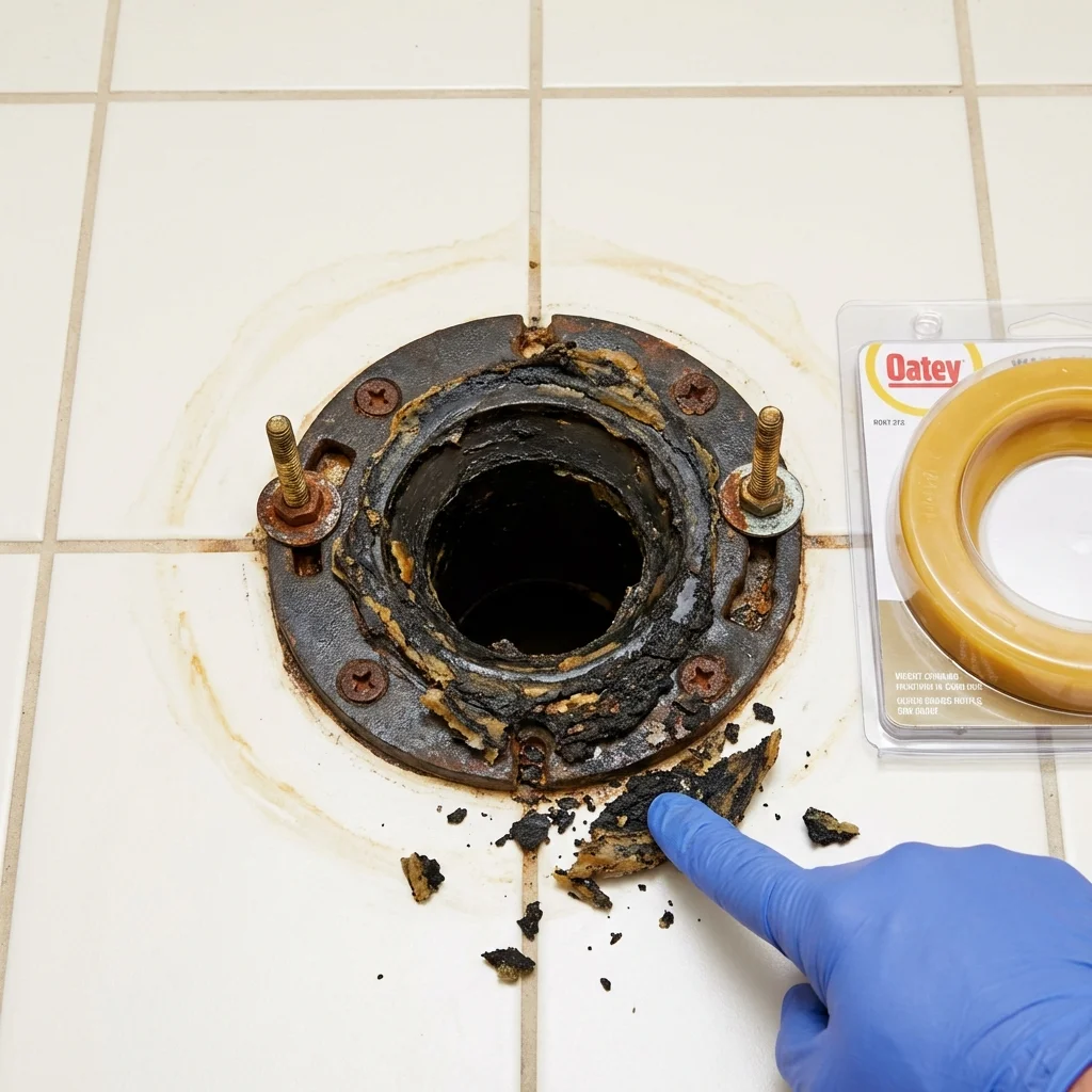 Failed wax ring showing water seepage at the base of a toilet in a Tatamy, PA home