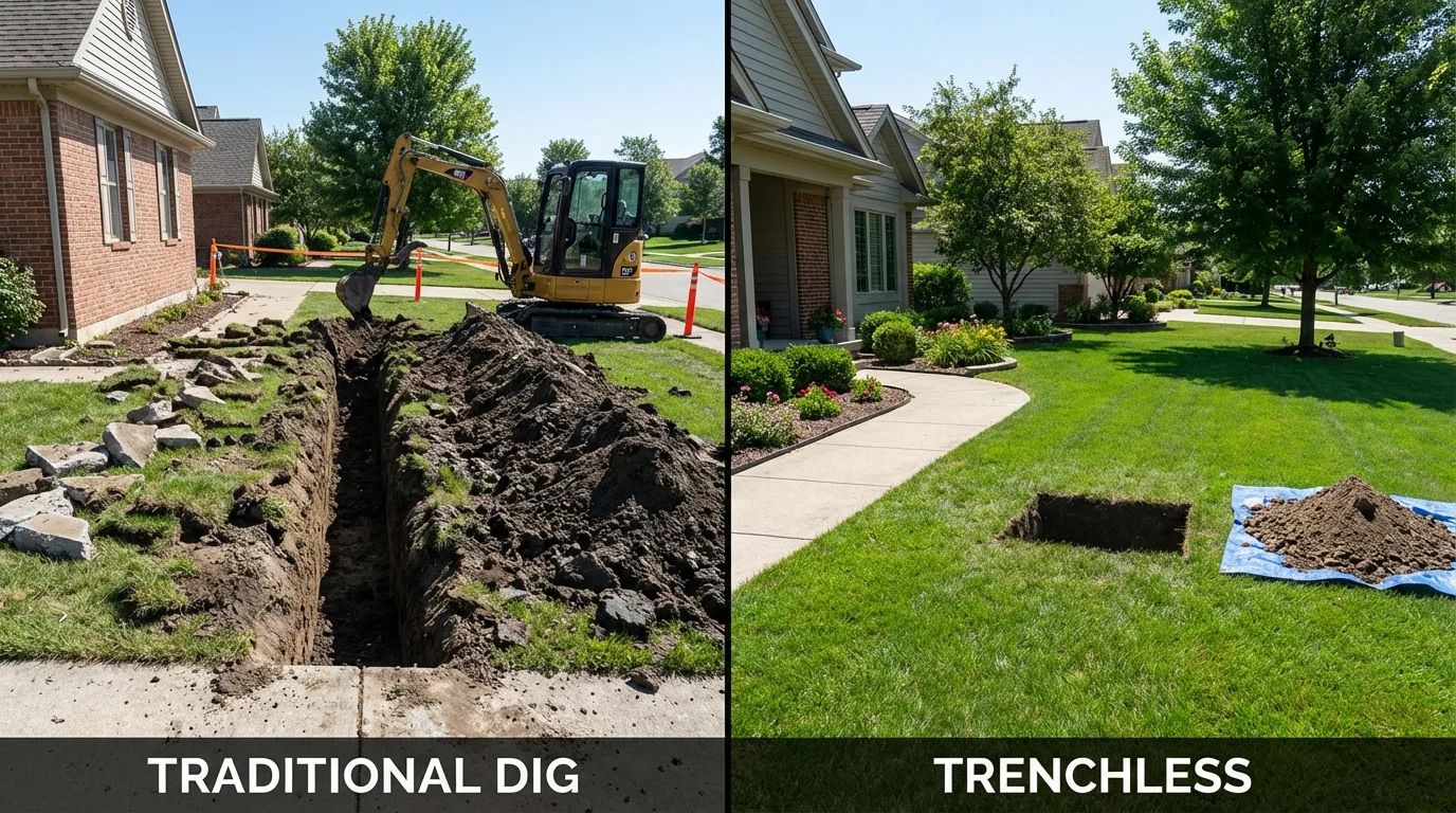 Trenchless sewer repair with minimal yard damage versus traditional excavation in Tatamy, PA