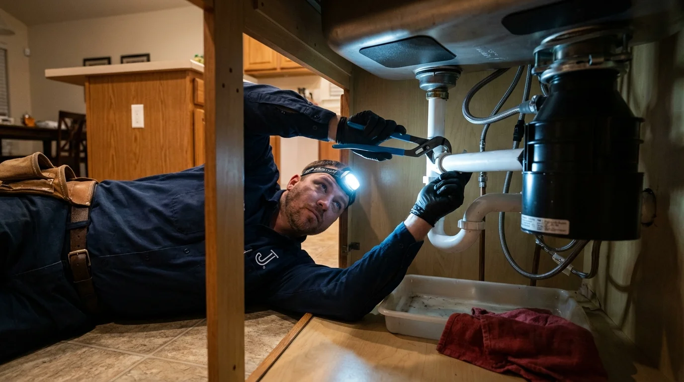 P-trap and supply line connections under a kitchen sink showing a common leak point in Tatamy, PA